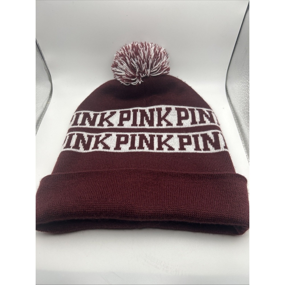PINK Victoria's Secret Maroon White Beanie Hat Pom Pom‎ OSFM Spell-Out One Size